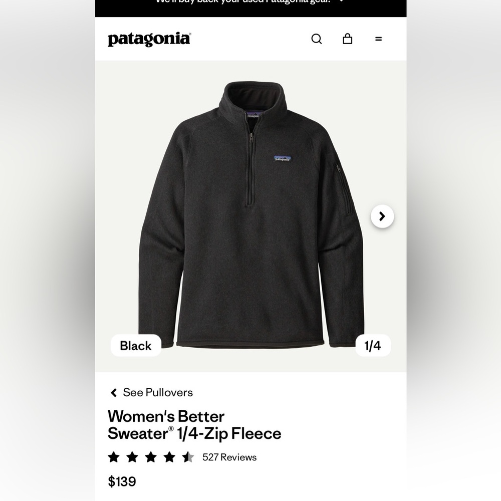 Patagonia Women's Better Sweater 1/4-Zip Fleece in Black size XS